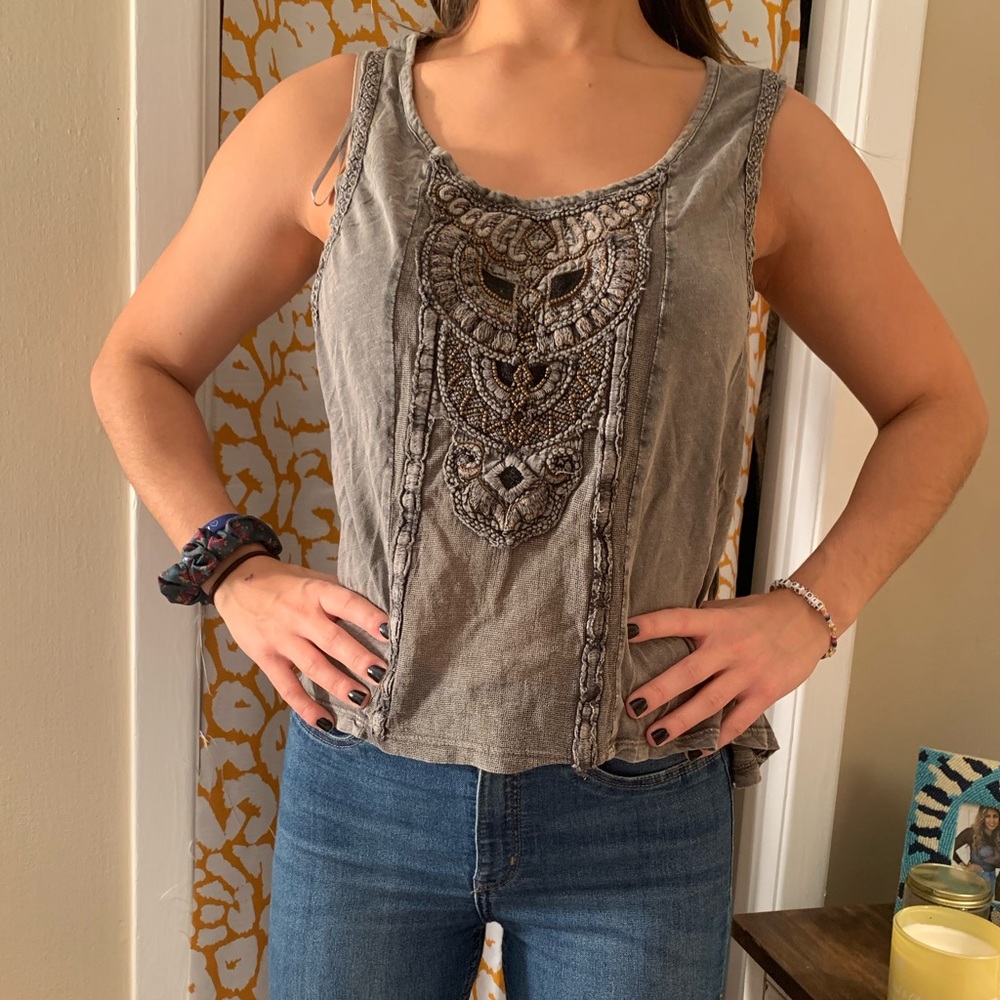 Free people gray shirt with cross crossed open back